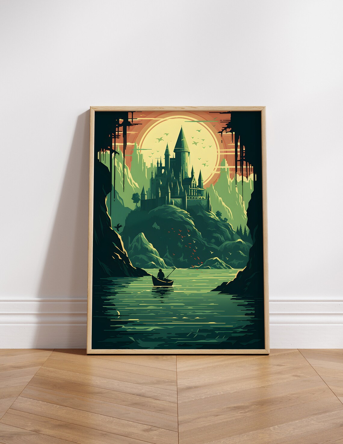 Boat Ride to Emerald Castle Lake Sunrise Fantasy Movie Poster