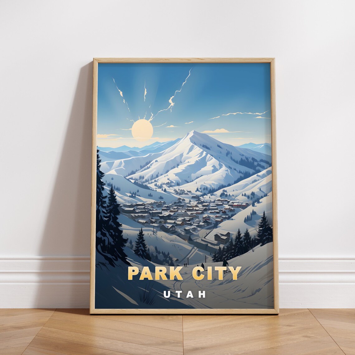 Park City Utah Snowy Mountain Town Sunrise Retro Travel Poster