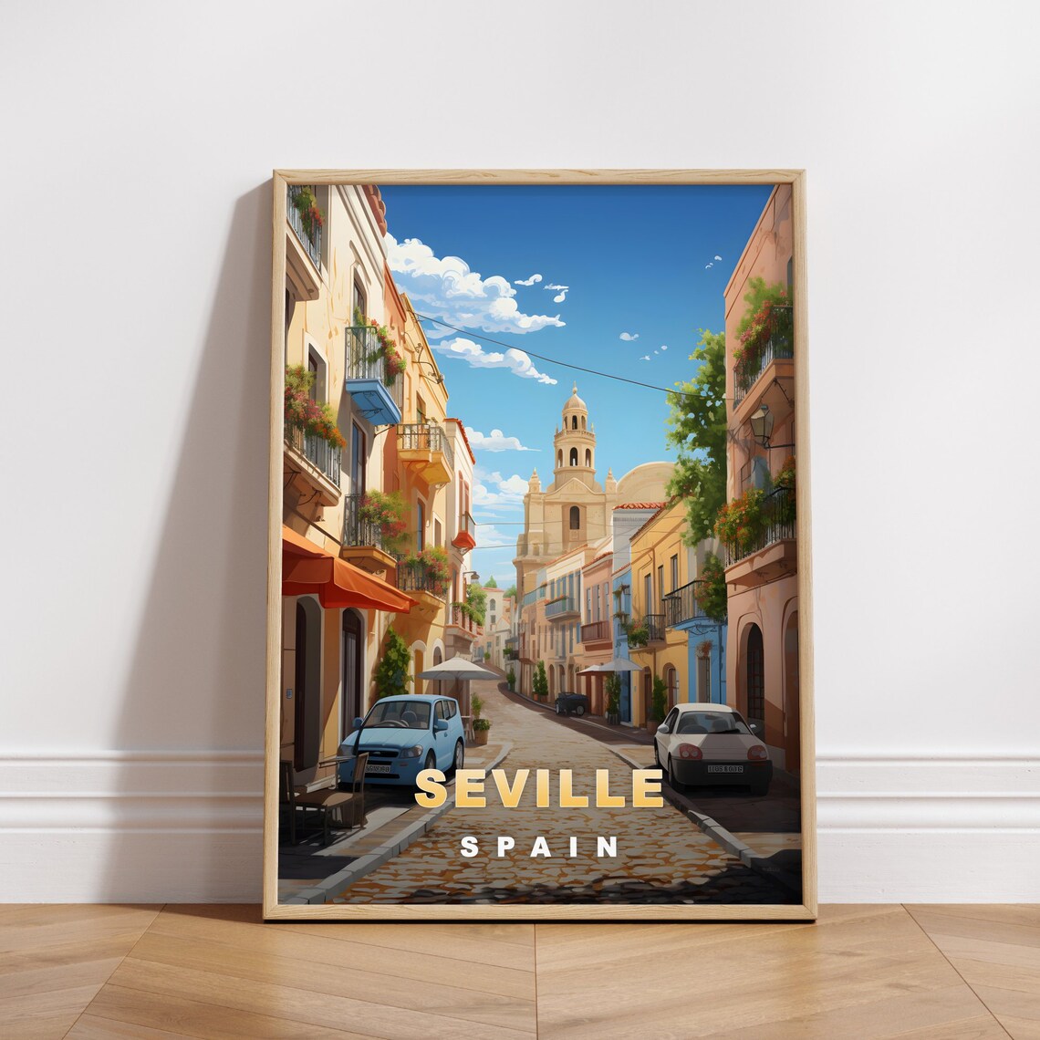 Seville Spain Vintage Cobblestone Street Flower Balcony Travel Poster