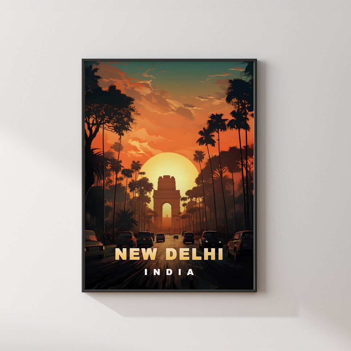 New Delhi India Gate Golden Sunset Avenue Palm Retro Travel Poster - Image 2