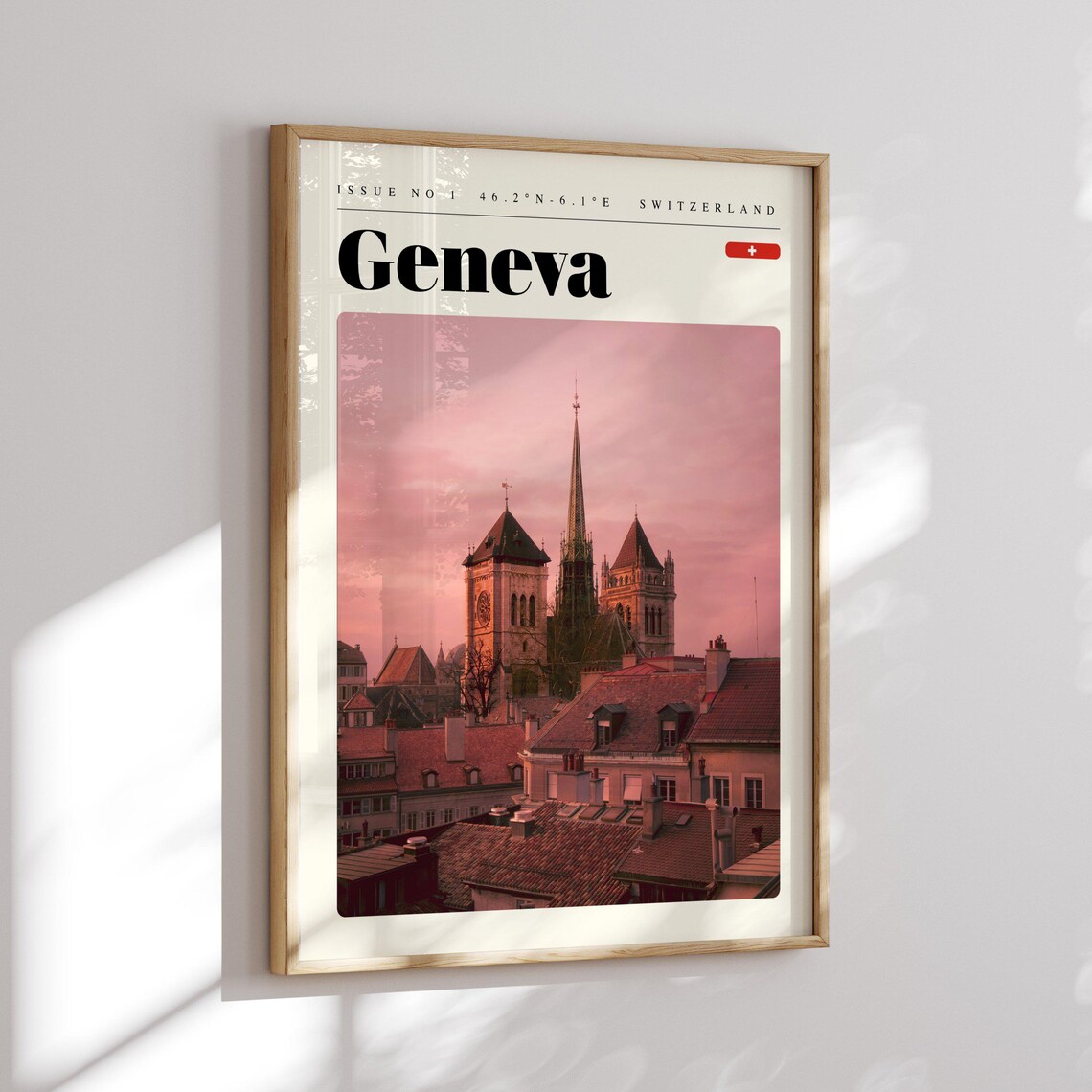 Geneva Switzerland Old Town Rooftops Pink Dusk Photo Travel Poster - Image 2