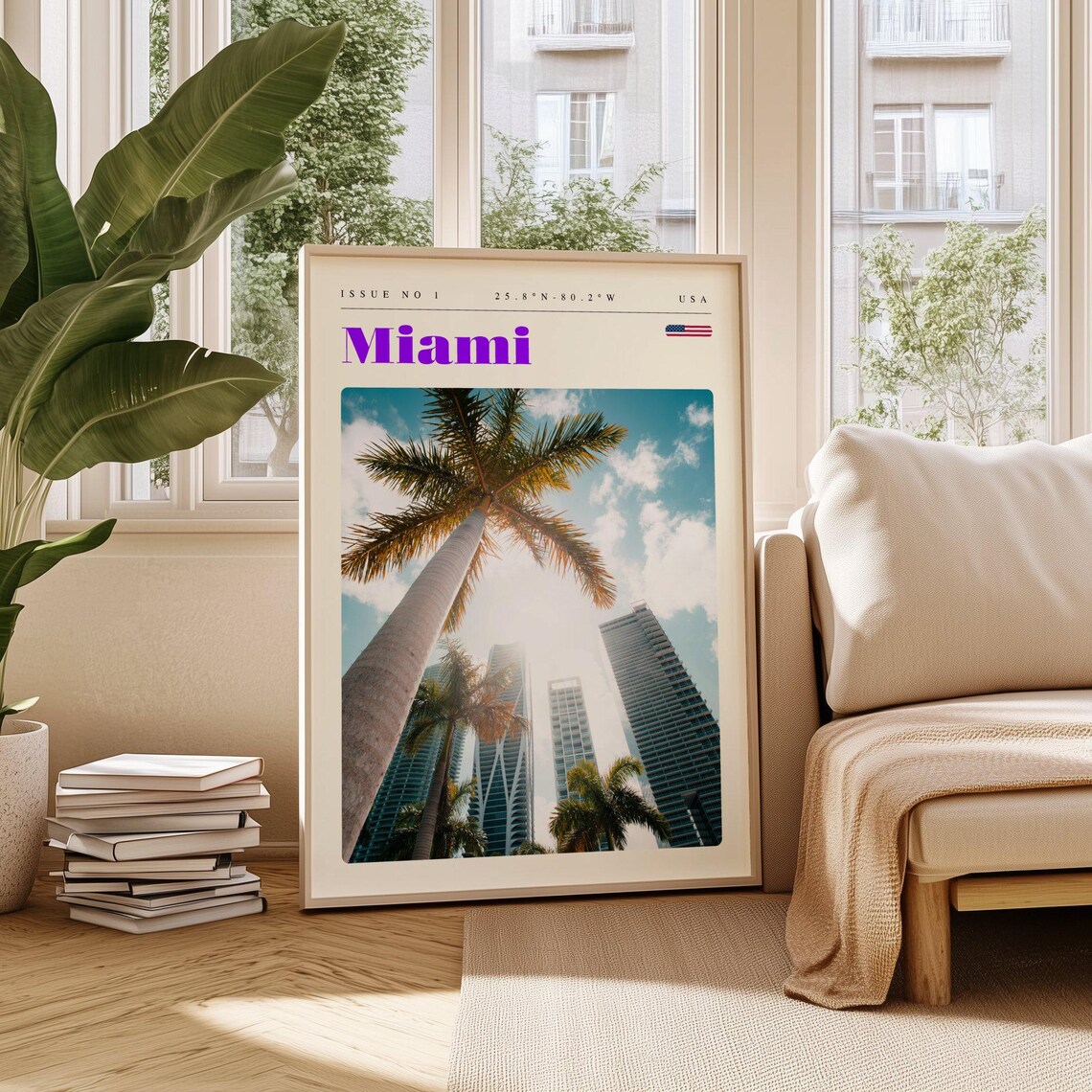 Miami Tropical Palm Trees Skyscrapers View Florida USA Travel Poster