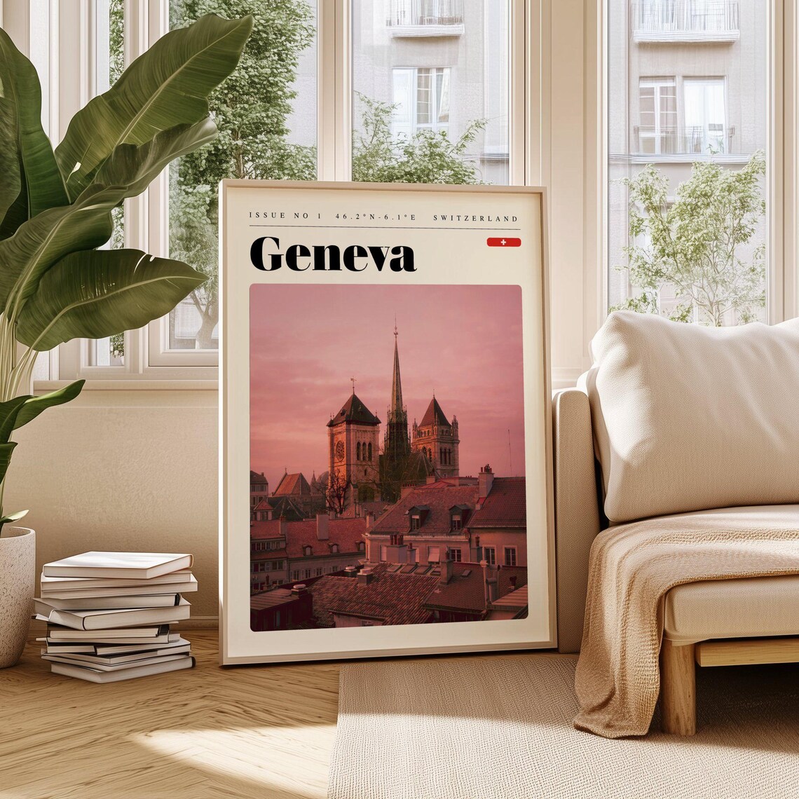 Geneva Switzerland Old Town Rooftops Pink Dusk Photo Travel Poster