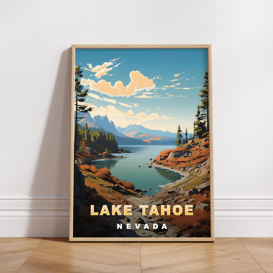 Lake Tahoe Nevada Rocky Autumn Shoreline Retro Travel Poster