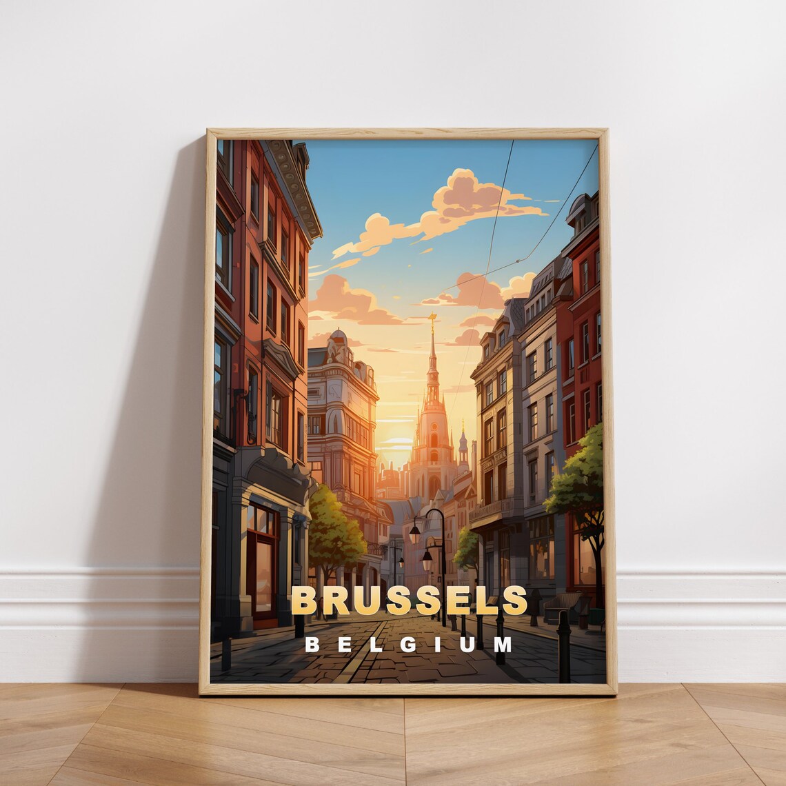 Brussels Belgium Sunset Boulevard Gothic Spire Vintage Travel Poster
