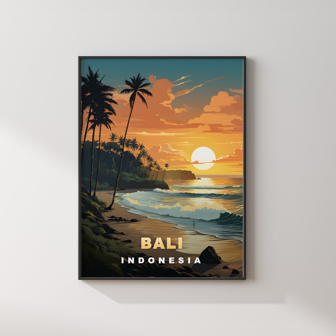 Bali Indonesia Sunset Beach Palm Trees Waves Cliffs Travel Poster - Image 2