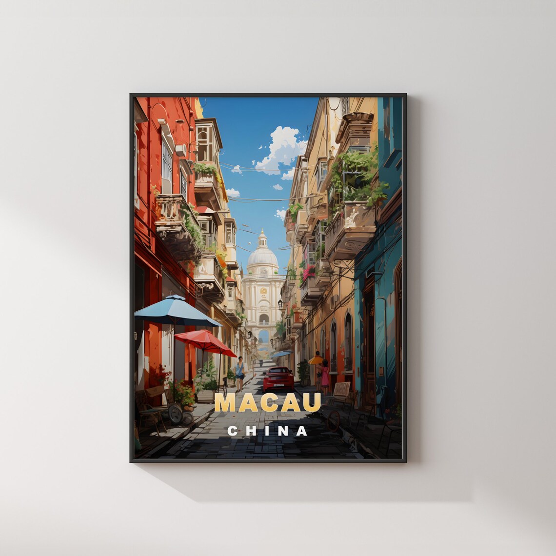 Macau China Colonial Street Balconies Church Dome Travel Poster - Image 2