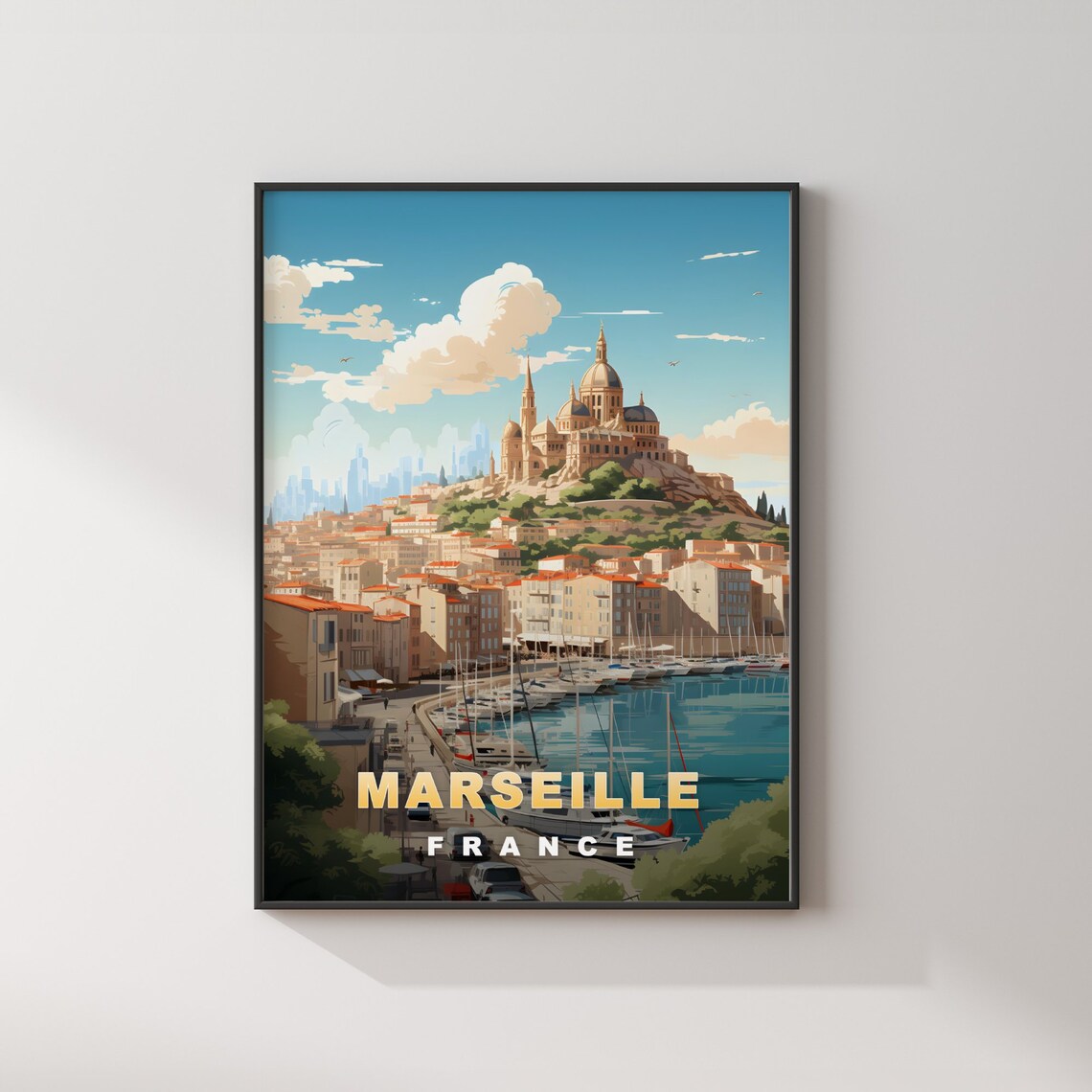 Marseille France Retro Travel Poster Harbor Basilica Hilltop View - Image 2