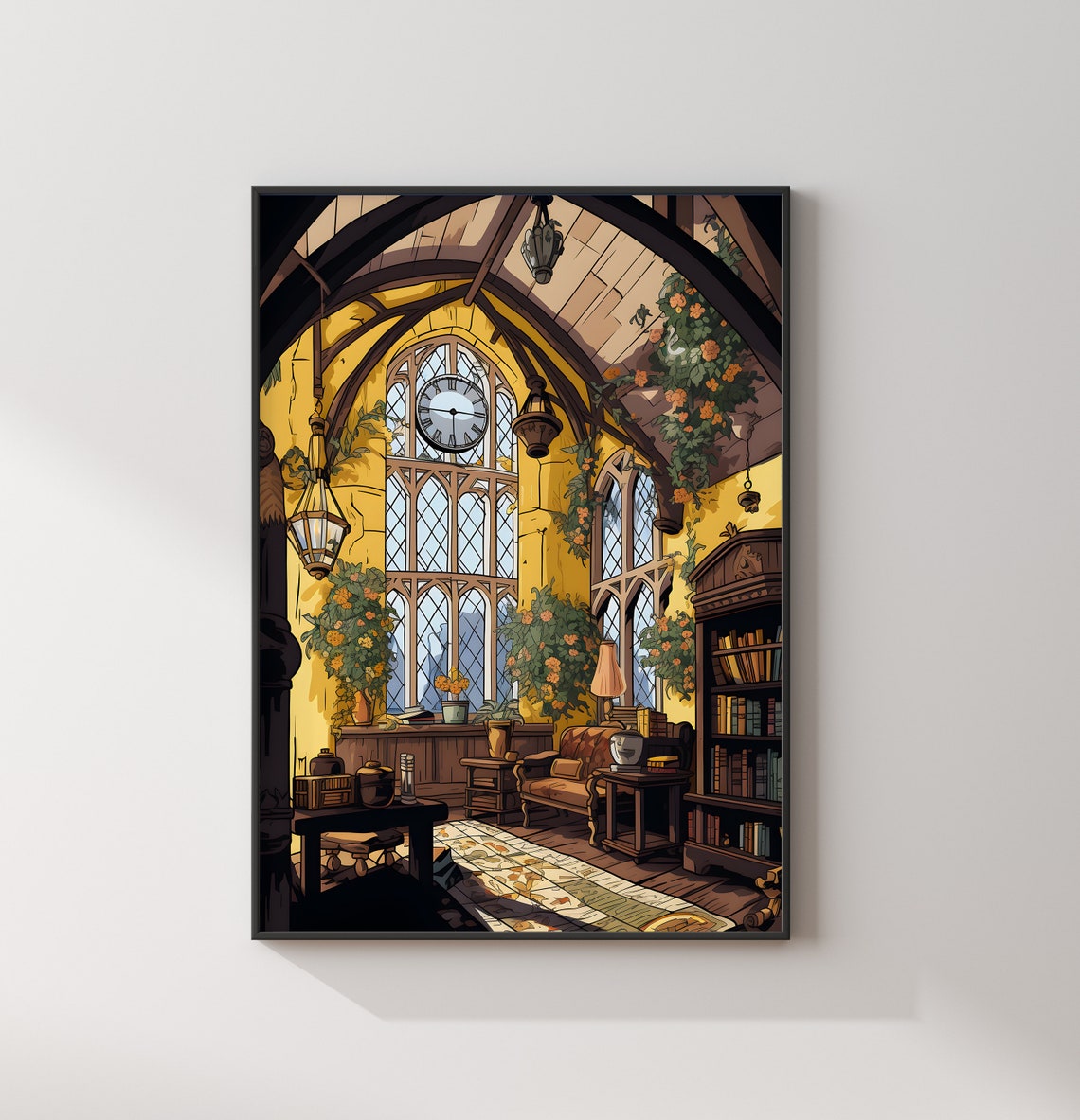 Hufflepuff Style Yellow Library Clock Cozy Fantasy Art Poster - Image 2