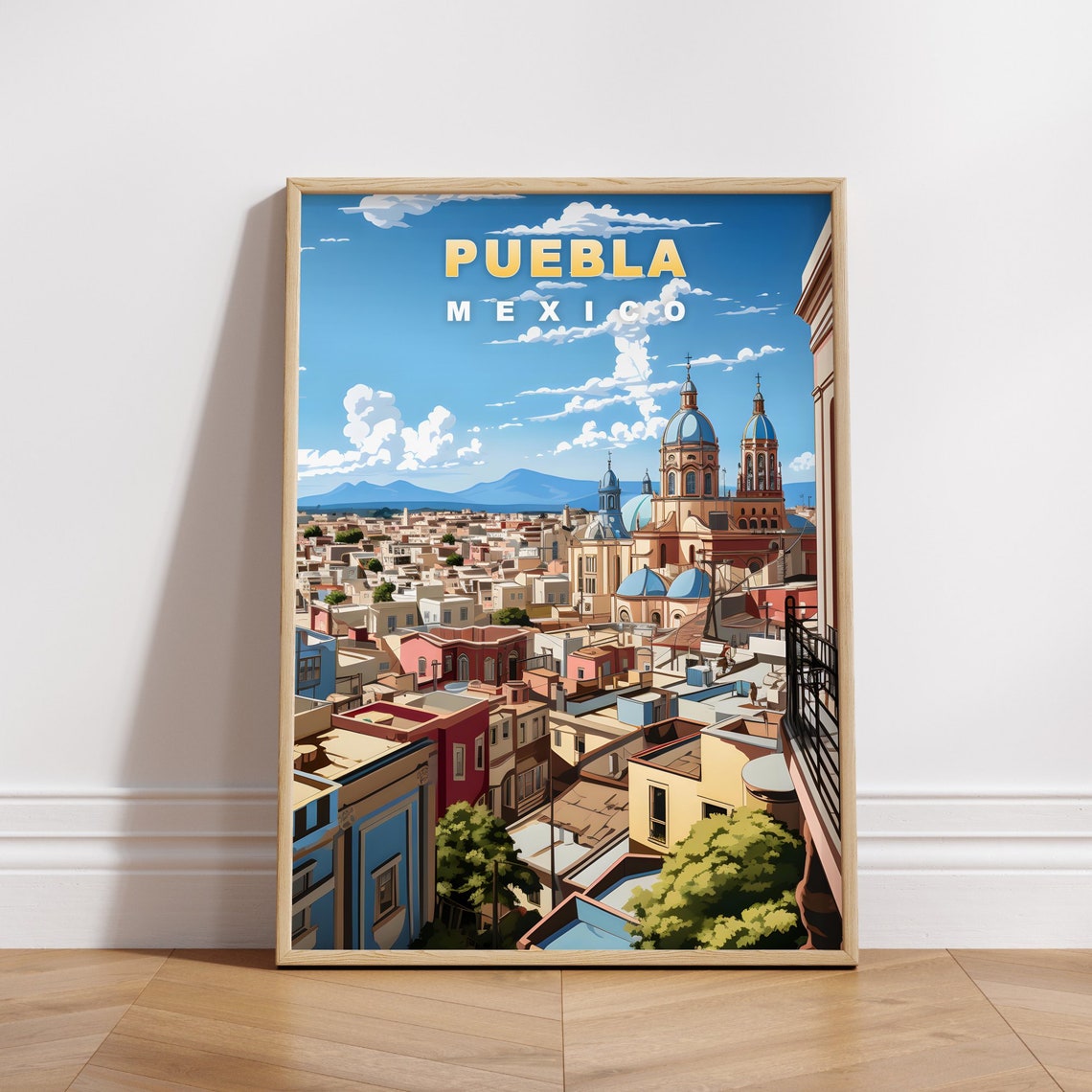 Puebla Mexico Blue Dome Cathedral Cityscape View Travel Poster