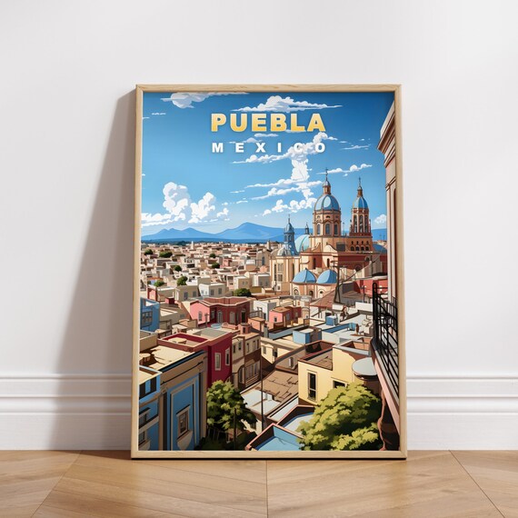 Puebla Mexico Blue Dome Cathedral Cityscape View Travel Poster