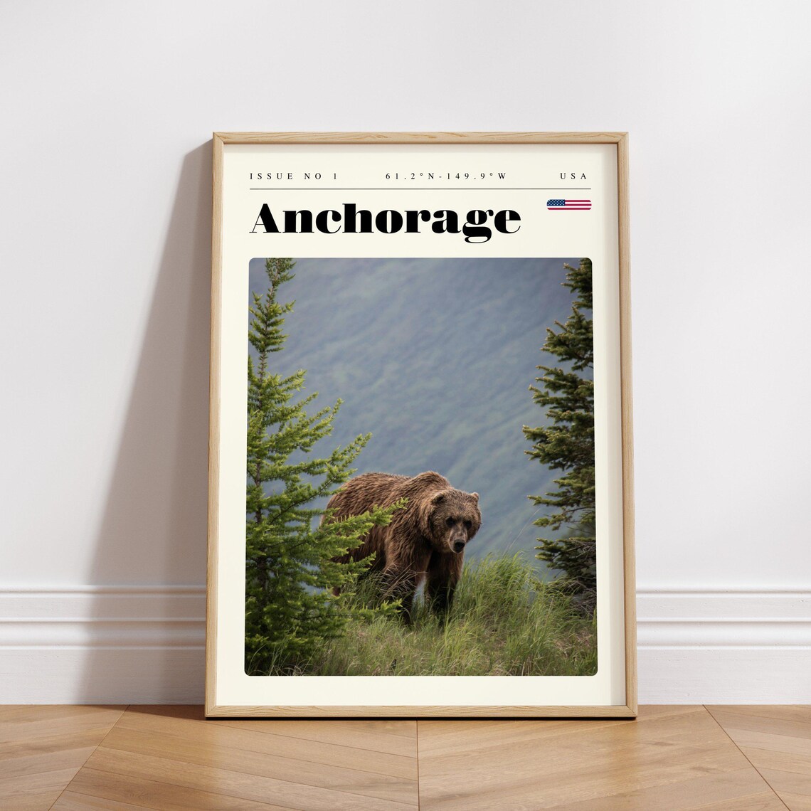 Anchorage USA Brown Bear in a Green Meadow Mountain Travel Poster - Image 3