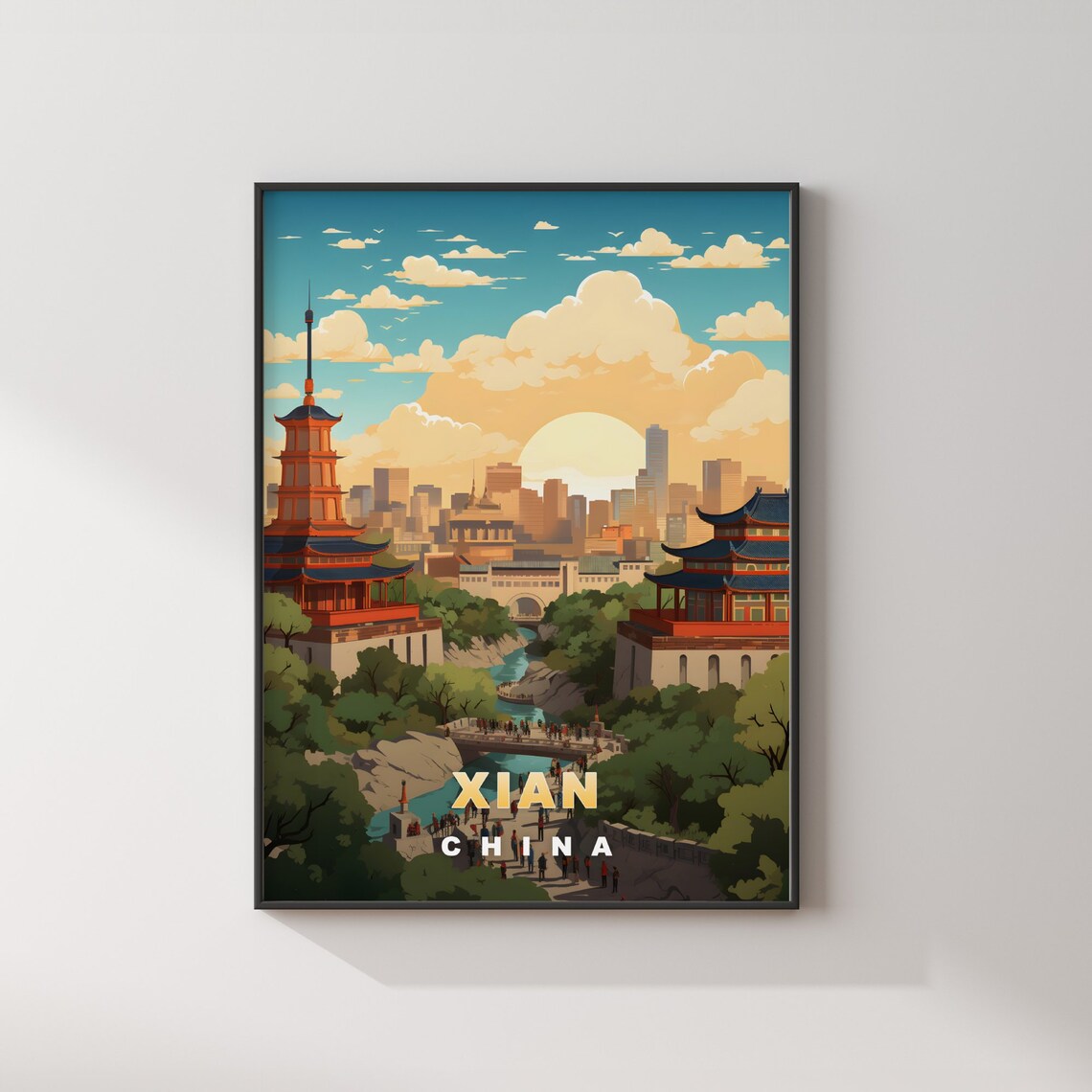 Xian China Ancient City Walls Pagoda Gates Sunset Travel Poster - Image 2