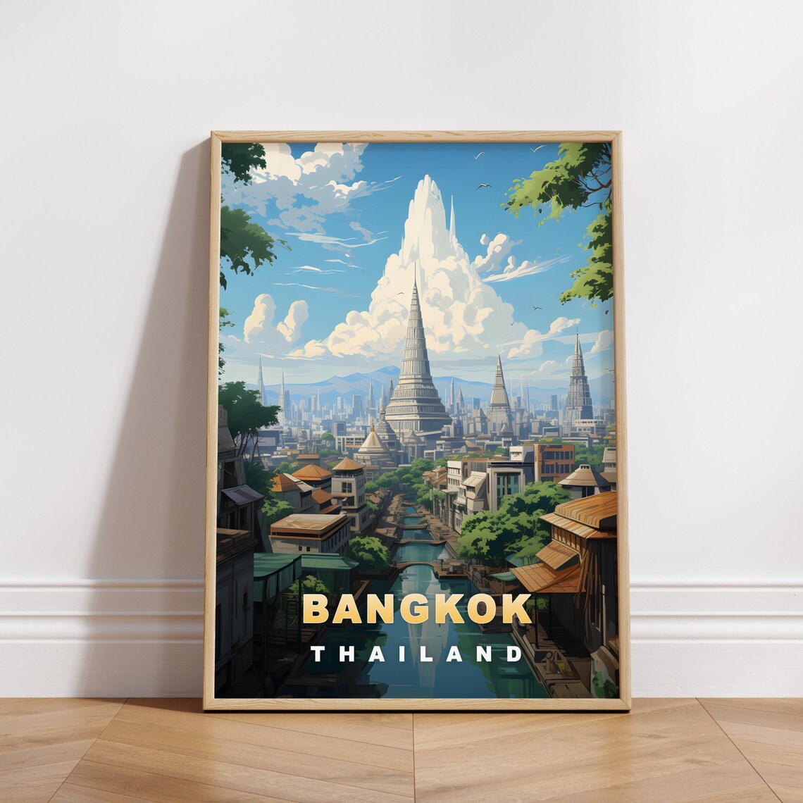 Bangkok Thailand Canal Golden Spires Skyline Day Travel Poster
