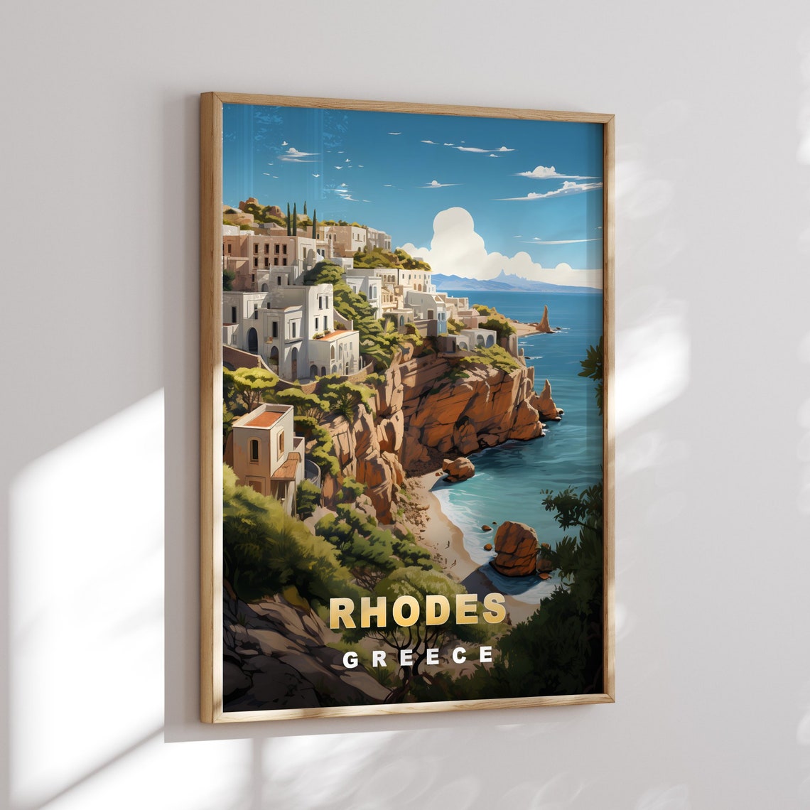 Rhodes Greece Whitewashed Cliffside Coast Turquoise Sea Poster - Image 2
