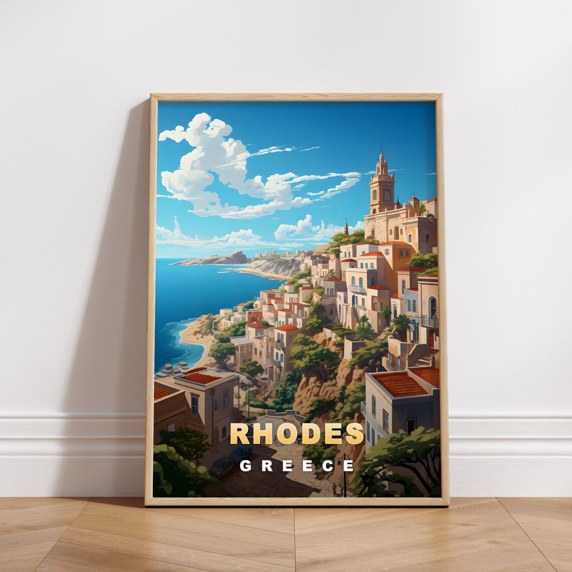 Rhodes Greece Coastal Hillside Town Aegean Sea View Vintage Poster