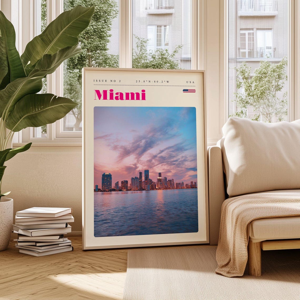 Miami USA Pink Sunset Skyline Over Biscayne Bay Travel Poster