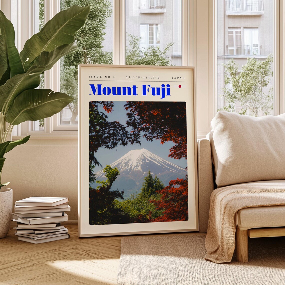 Mount Fuji Japan Autumn Foliage Snow Capped Volcano Travel Poster