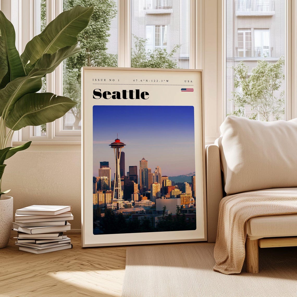 Seattle Space Needle Skyline Sunset Washington Travel Poster