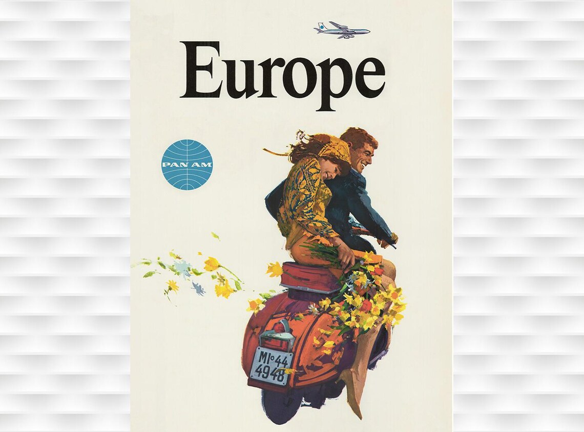 Pan Am Europe Italian Motor Scooter Flowers Vintage Airline Poster