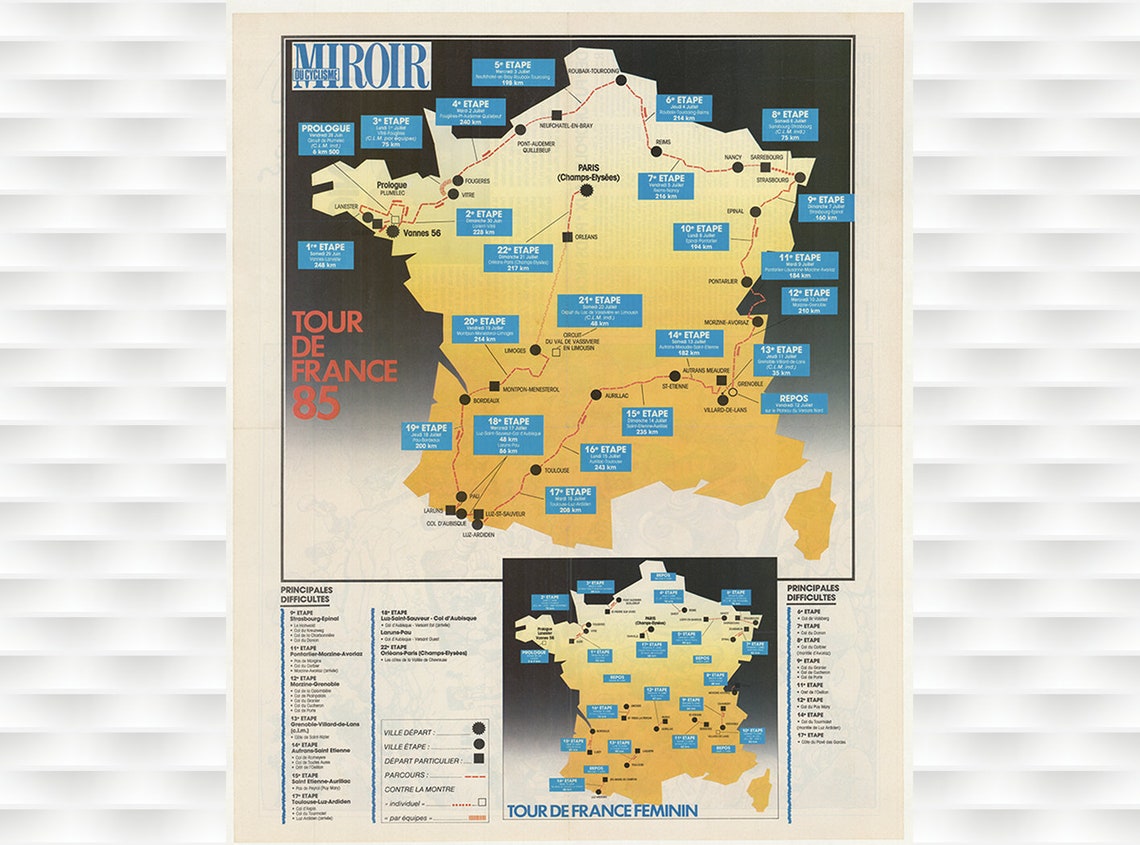 Tour de France 1985 Route Map Miroir Cyclisme Feminin Vintage Poster