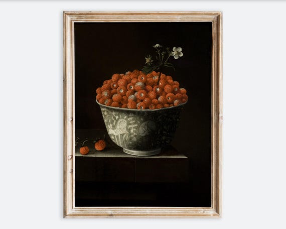 Vintage Wild Strawberries Still Life Wall Art Print Rustic Dark Moody Oil Painting Fruits Poster Antique Country Farmhouse Kitchen Vp271