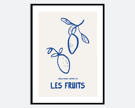 Les Fruits Wall Art Print Hand Drawn Blue Lemons Illustration Contemporary Modern Fruit Poster Minimal Kitchen Design Ma54