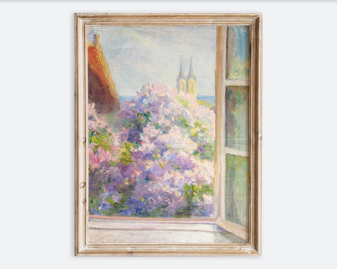 Lilac Blossom Window View Vintage Floral Impressionist Flower Poster