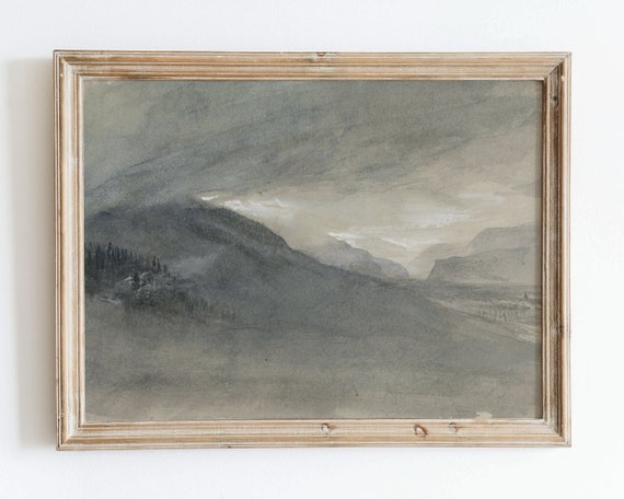 Rustic Vintage European Country Mountain Watercolor Painting Wall Art Print Muted Landscape Poster Antique Moody Farmhouse Decor Vp85