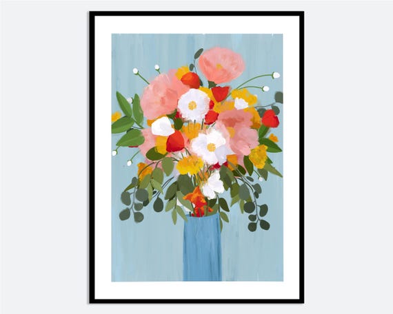 Colorful Floral Bouquet Blue Vase Wall Art Print Contemporary Modern Hand Drawn Illustration Spring Summer Kitchen Poster Ma32