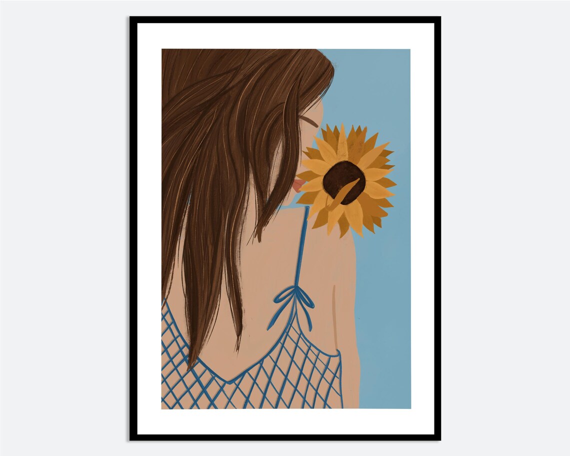 Girl With Sunflower Back Portrait Summer Floral Illustration Poster