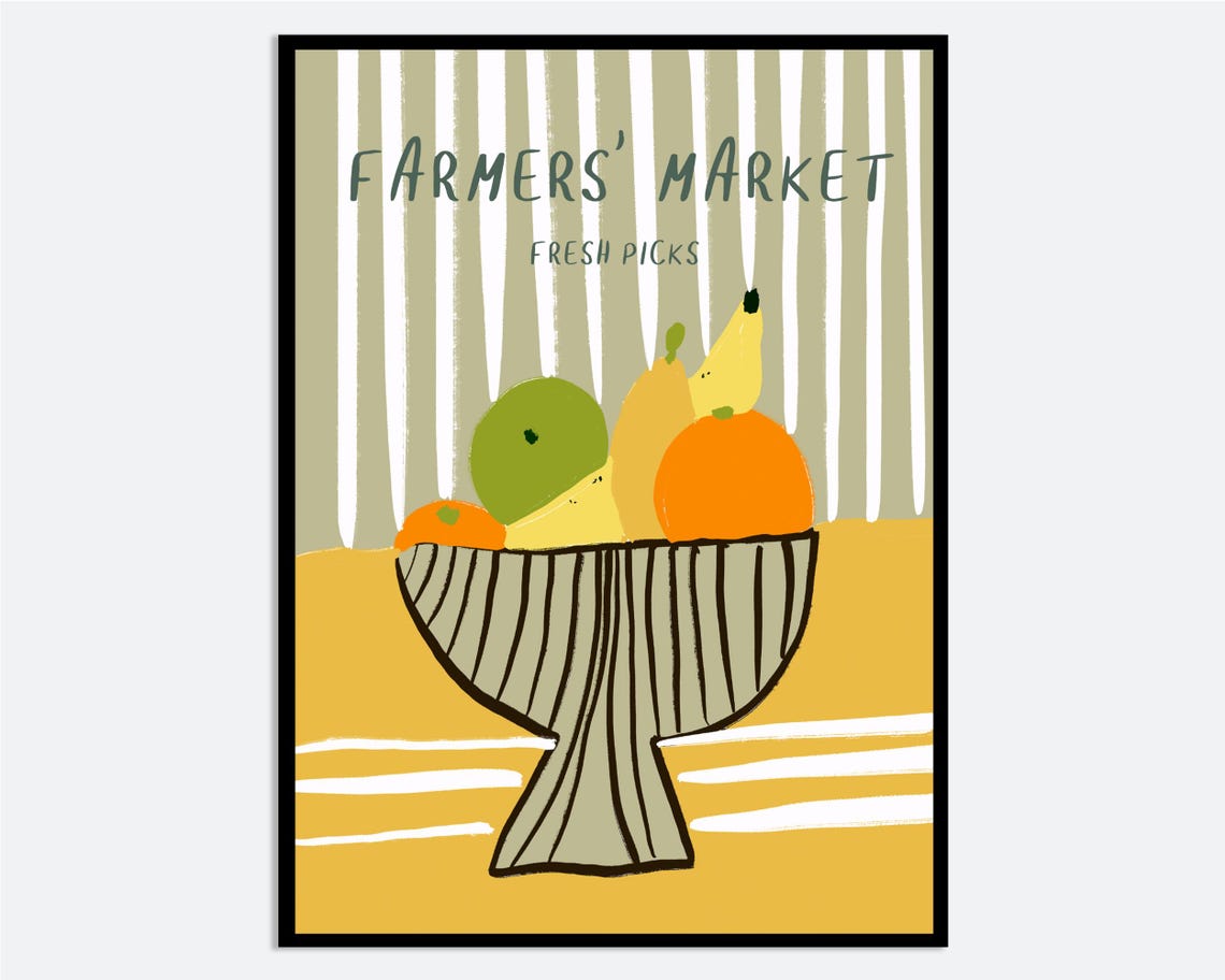 Farmers Market Fresh Picks Hand Drawn Fruit Bowl Kitchen Print