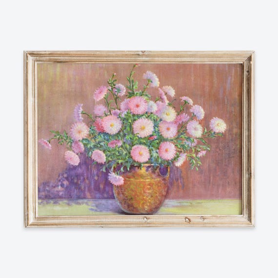 Vintage Pink Chrysanthemum Still Life Wall Art Print Antique Floral Vase Painting Colorful Botanical Flower Poster Romantic Decor Vp314