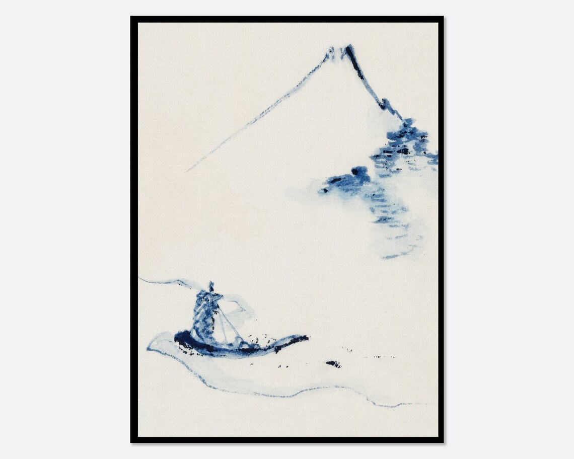 Hokusai River Boat and Mount Fuji Vintage Art Print