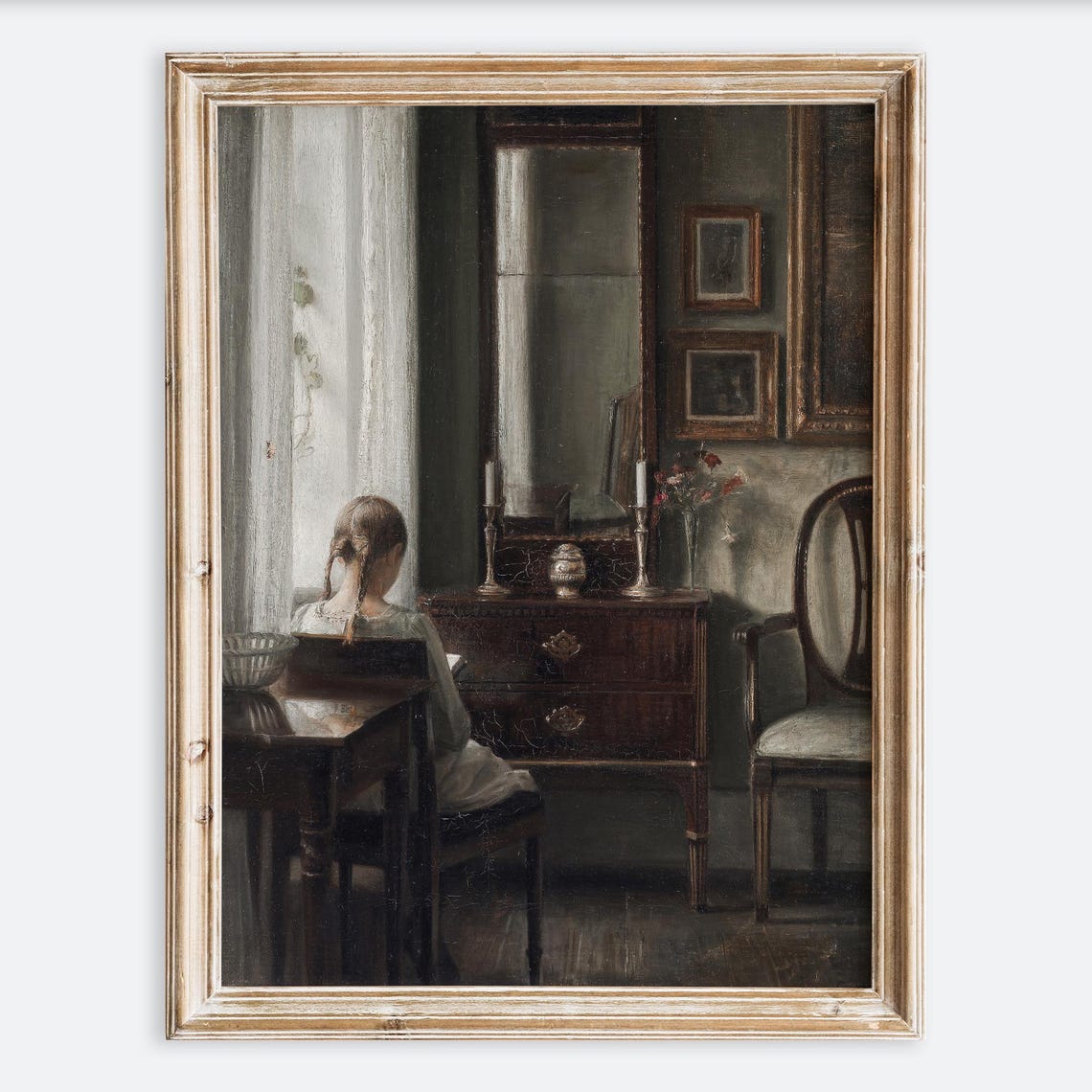European Vintage Rustic Interior With A Girl Reading Portrait Oil Painting Wall Art Print Antique Girl Poster Moody Muted Farmhouse Vp154
