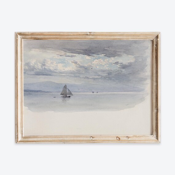 European Vintage Sailboat Watercolor Cloudy Calm Sea Art Poster