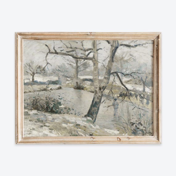 Rustic Vintage French Countryside Winter Pond Painting Wall Art Print Neutral Muted Landscape Poster Antique Moody Farmhouse Decor Vp232
