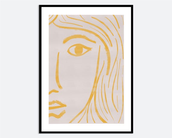 Yellow Woman Portrait Wall Art Print Hand Drawn Modern Line Illustration Contemporary Minimal Face Poster Spring Summer Ma129
