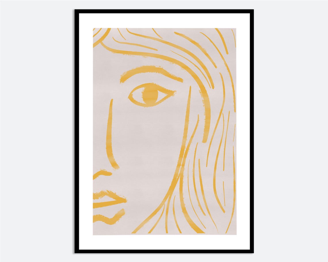 Yellow Line Woman Face Portrait Modern Abstract Minimalist Wall Art