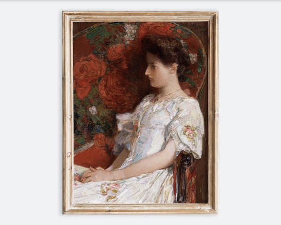 Vintage Woman In Floral White Dress Portrait Painting Wall Art Print Antique Sitting Victorian Girl Poster Dark Moody Farmhouse Vp439