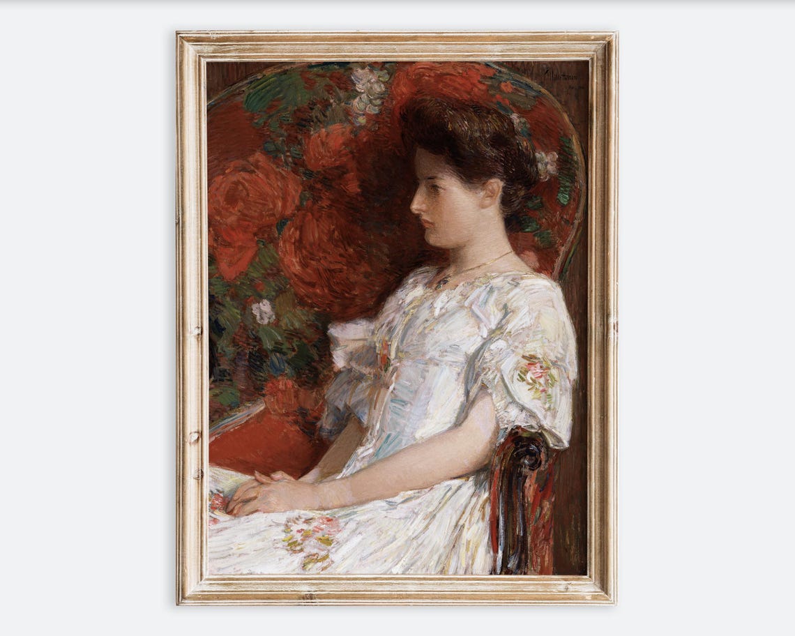 Vintage Woman In Floral White Dress Portrait Painting Wall Art Print Antique Sitting Victorian Girl Poster Dark Moody Farmhouse Vp439
