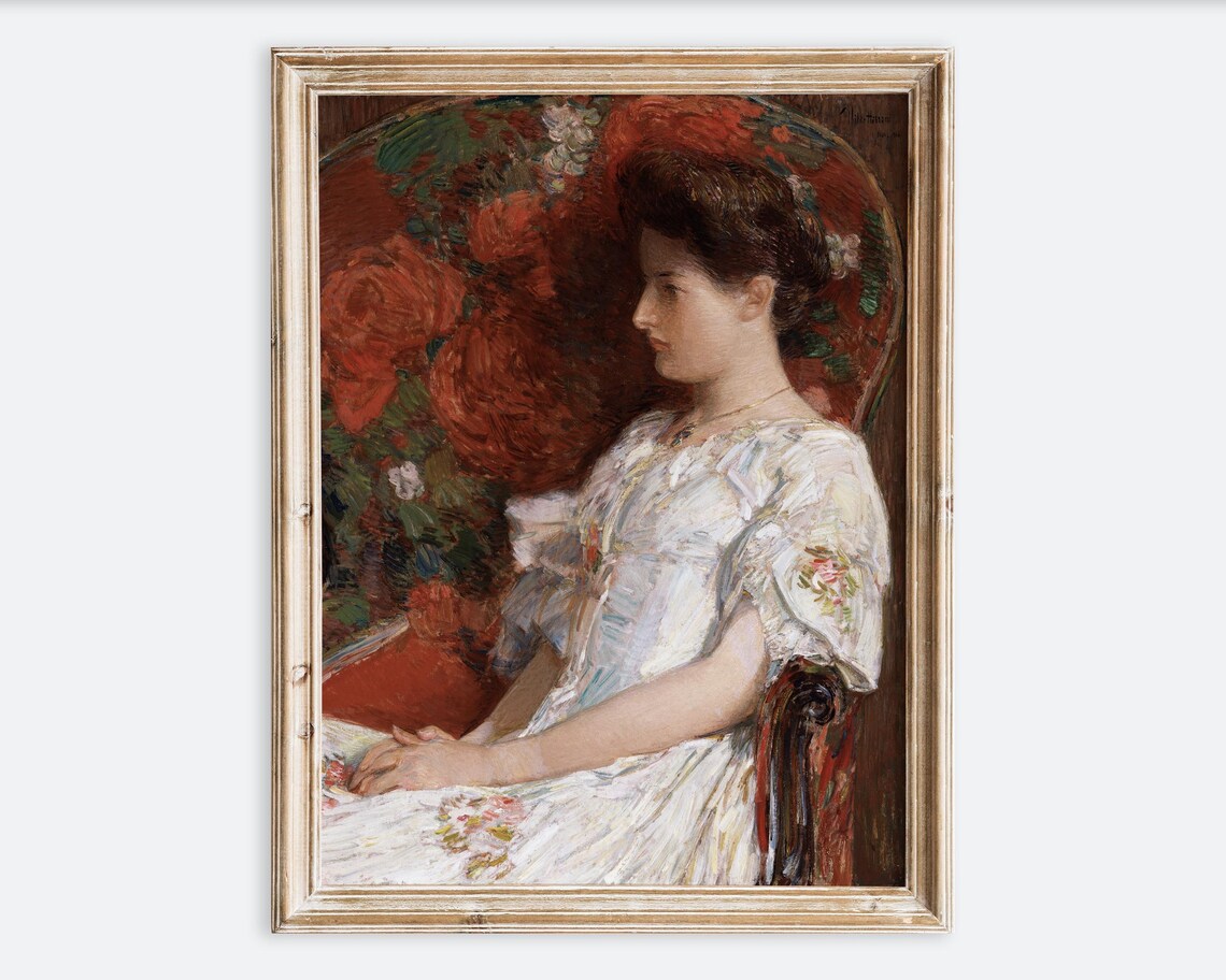 Woman in White Dress Red Floral Impressionist Vintage Oil Art Poster