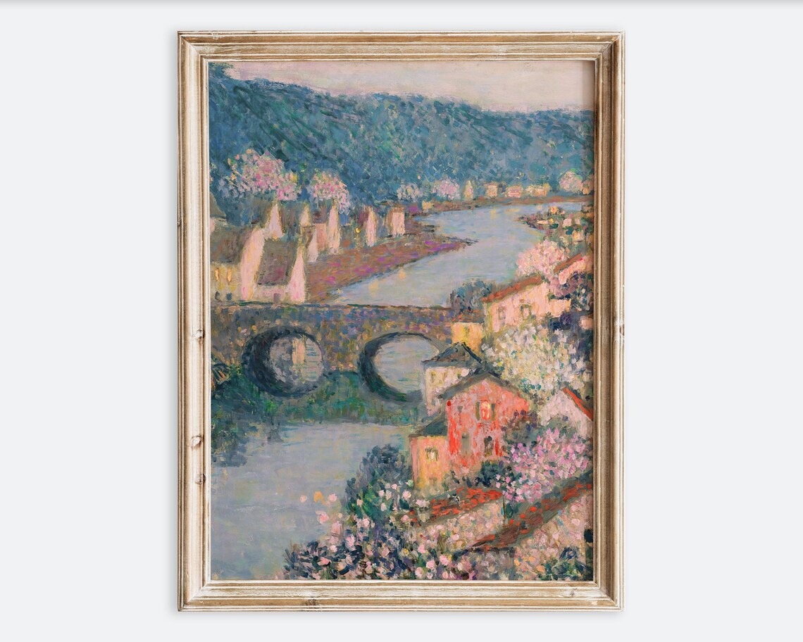 Impressionist River Village Arched Stone Bridge Blossom Art Print