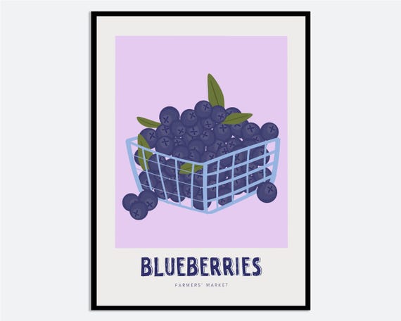 Blueberry Basket Wall Art Print Hand Drawn Contemporary Fruit Illustration Modern Kitchen Poster Summer Farmers Market Ma193