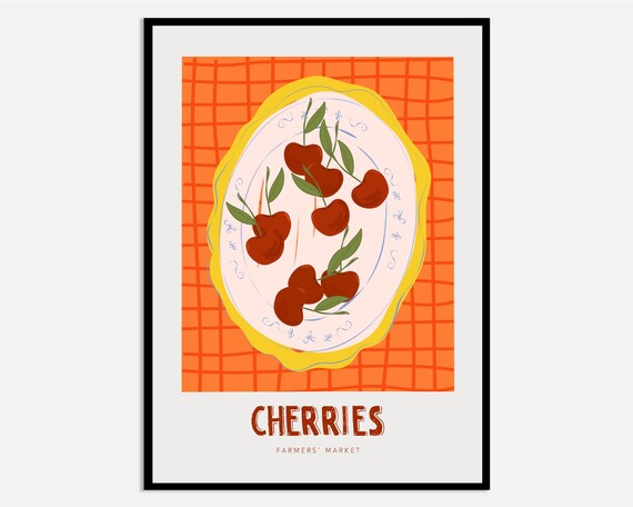 Cherries Farmers Market Plate Retro Orange Checkered Wall Art