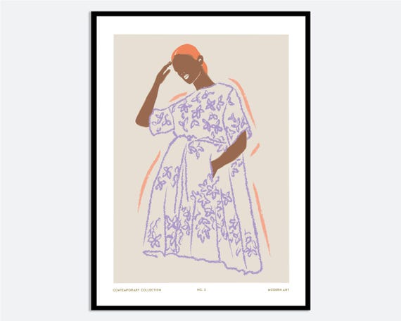 Woman In Purple Floral Dress Wall Art Print Hand Drawn Contemporary Fashion Illustration Modern Girl Bold Abstract Poster Ma138