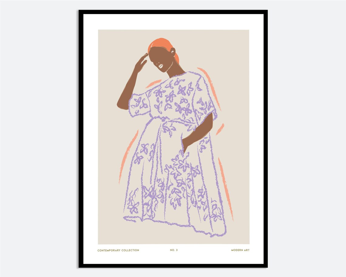 Woman In Purple Floral Dress Hand Drawn Line Art Portrait Poster