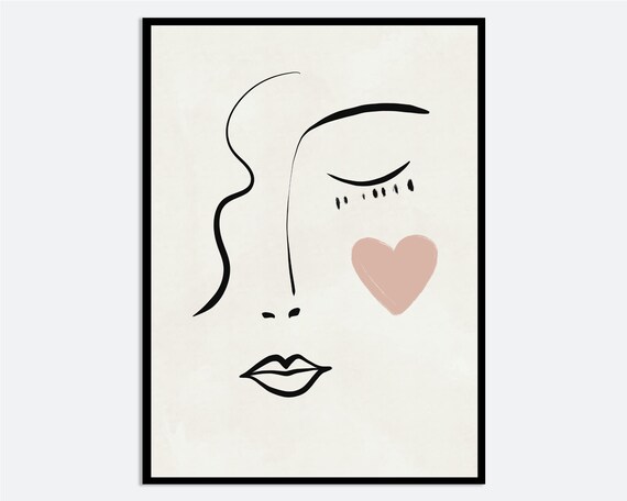 One Line Modern Girl Silhouette Art Print Single Face Heart Drawing Poster Minimalist Woman Boho Ab32