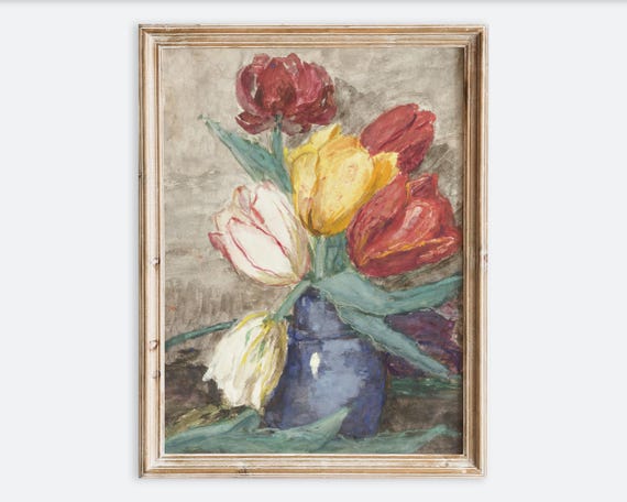 Vintage Colorful Tulips Flowers In A Vase Still Life Wall Art Print Rustic Botanical Painting Antique Moody Floral Farmhouse Poster Vp332