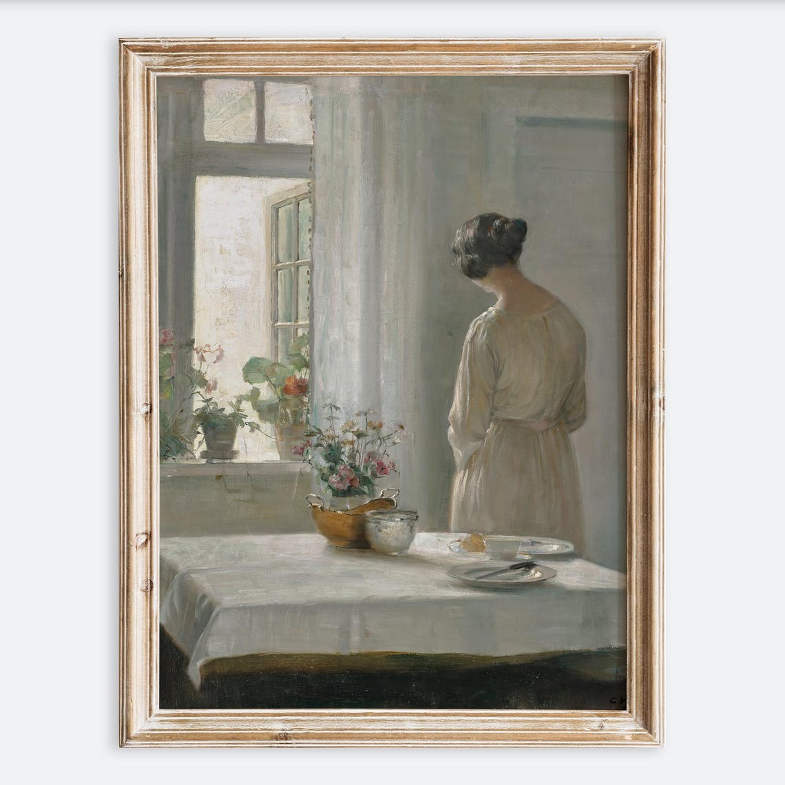 Woman At Sunlit Breakfast Table With Flowers Vintage Interior Poster